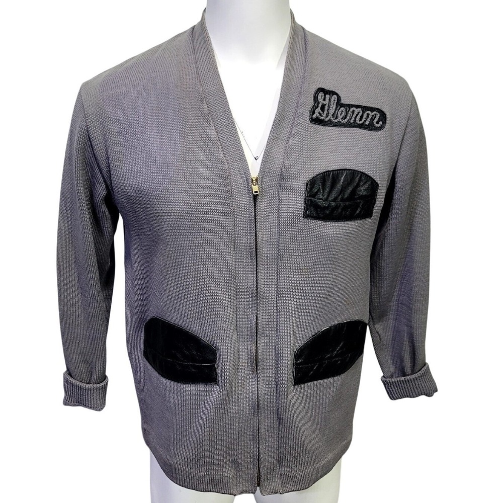 Vintage Skookum Glenn‎ Cardigan 44 Gray Wool Leather Trim Zip Up Varsity Jacket